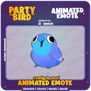 Puede incluir: Gráfico digital de un pájaro azul de dibujos animados con ojos grandes, etiquetado como "PARTY 'BIRD' ANIMATED EMOTE" optimizado para Twitch. La imagen incluye el texto "ready to use!" y dimensiones.