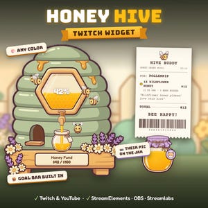 May include: A digital Twitch widget graphic titled HONEY HIVE featuring a green beehive with a hexagonal progress bar at 42%, a honey tap, and a receipt labeled HIVE BUDDY for Pollenpip. Includes small bees, flowers, and a honey jar.