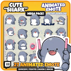 Animated Kawaii Shark Emotes Pack: 27 Twitch/Discord Reactions (Instant Download 512x512 px PNG/GIFs)