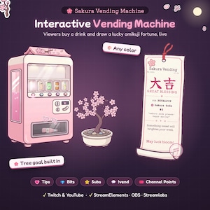 Puede incluir: Un gráfico digital que muestra una máquina expendedora rosa, un bonsái de cerezo en flor y un papel de la fortuna omikuji vertical. El texto incluye Sakura Vending Machine, Interactive Vending Machine, Any color, Tree goal built in y Great Blessing.