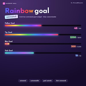 Rainbow Goal Widget for StreamElements | Animated Follower Sub Tip Bits Goal Bar | Customizable Twitch Stream Overlay | Chat Commands