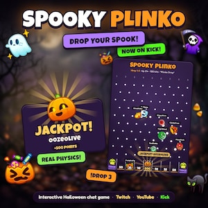 Puede incluir: Una interfaz de juego de chat interactivo digital Spooky Plinko con un tablero morado con clavijas blancas, iconos que caen como calabazas y fantasmas, y texto que incluye Jackpot, Drop Your Spook, Real Physics y Trick para Twitch, YouTube y Kick.