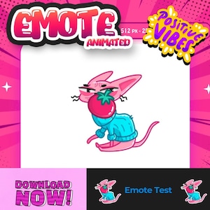 May include: A digital illustration of a pink cat wearing a light blue sweater, holding a red tomato in its mouth. The image includes text that reads EMOTE ANIMATED, POSITIVE VIBES, DOWNLOAD NOW, and Emote Test, set against a bright pink background.