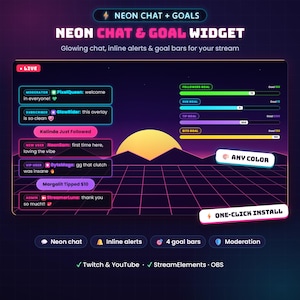 Könnte beinhalten: Ein digitales Neon-Chat- und Ziel-Widget-Overlay für Streaming mit dunklem Hintergrund, Retro-Sonnenuntergang und Raster. Es zeigt Live-Chat-Nachrichten sowie Fortschrittsbalken für Follower, Abonnenten, Tipps und Bits in verschiedenen Farben.