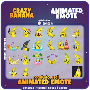 ANIMATED Twitch Emote Pack, 21x Crazy Banana Emote, Twitch, Kick, Discord, Cute Banana, Instant Download, Ready to Use(transparent)