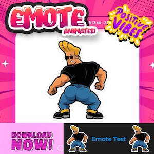 May include: A digital sticker featuring a cartoon character with blonde hair, sunglasses, a black t-shirt, and blue jeans, posed with hands on hips. The image includes text reading EMOTE ANIMATED, POSITIVE VIBES, DOWNLOAD NOW, and Emote Test.