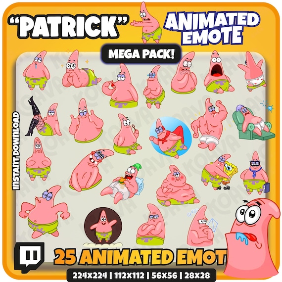 Patrick Animated Emote Pack: Funny Sponge Style Twitch/Discord Emotes (Instant Download, 512px Included)