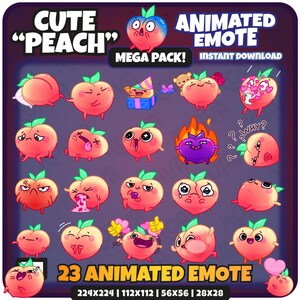 以下が含まれることがあります： 様々な表情の23個のアニメーション桃絵文字をフィーチャーしたデジタルグラフィック。テキストには「CUTE 'PEACH'」と「ANIMATED EMOTE MEGA PACK！」とサイズ寸法が含まれています。絵文字はピンク、オレンジ、緑の色合いです。