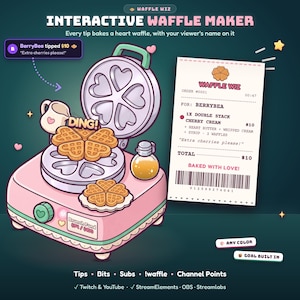 May include: A pink interactive waffle maker with a heart-shaped grid, a digital display reading Brunch Fund $74/$100, and a receipt showing an order for BerryBea. The device features a green dial, a small syrup jar, and a heart-shaped waffle.