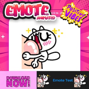 Puede incluir: Un gráfico digital que muestra un personaje de gato de dibujos animados blanco con contornos negros abrazando una gran burbuja rosa. El texto EMOTE ANIMATED, POSITIVE VIBES, DOWNLOAD NOW y Emote Test es visible sobre un fondo rosa con patrones.