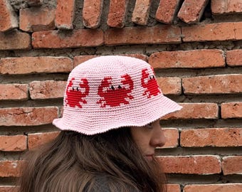 Crochet Crab Bucket Hat: Handmade Organic Cotton Knit Summer Accessory