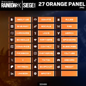 Puede incluir: Un panel naranja con texto blanco e iconos, con opciones como "Acerca de m&iacute;", "Sorteo", "Hardware" y enlaces a redes sociales como Facebook, Instagram y m&aacute;s. El panel est&aacute; etiquetado como "27 Orange Panel" e incluye el t&iacute;tulo del juego "Rainbow Six Siege".