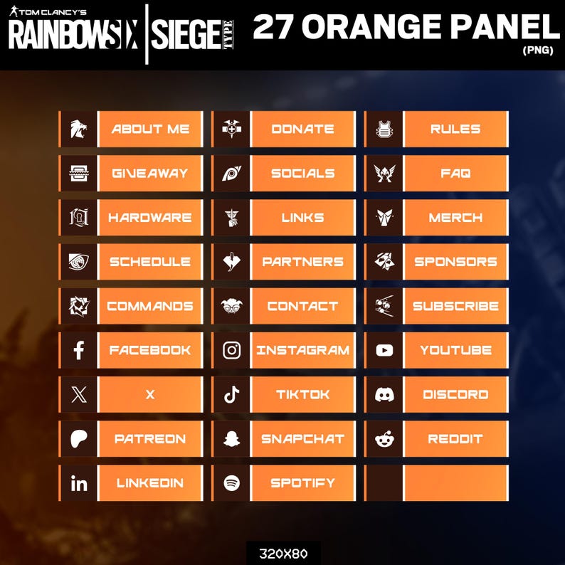 Puede incluir: Un panel naranja con texto blanco e iconos, con opciones como "Acerca de m&iacute;", "Sorteo", "Hardware" y enlaces a redes sociales como Facebook, Instagram y m&aacute;s. El panel est&aacute; etiquetado como "27 Orange Panel" e incluye el t&iacute;tulo del juego "Rainbow Six Siege".