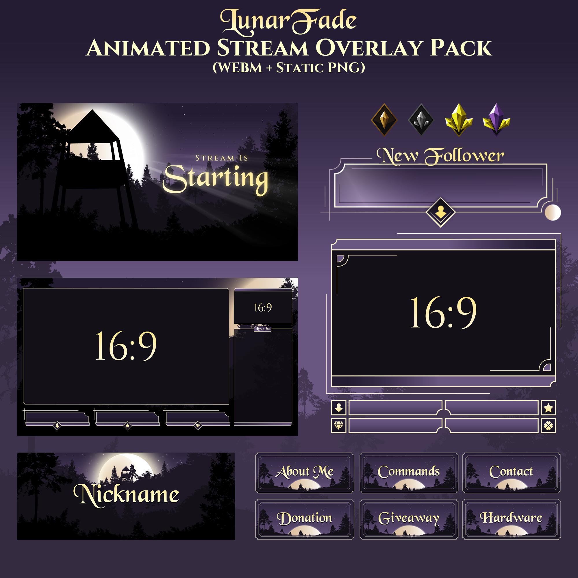LunarFade - Animiertes Stream Overlay Paket - Dark Forest, Mondlicht, Lila & Gold | Bildschirme, Warnhinweise, Webkamera, Etiketten +mehr (Twitch/OBS)