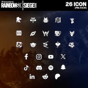 Puede incluir: Gr&aacute;fico con 26 iconos blancos sobre un fondo degradado. Los iconos incluyen varios s&iacute;mbolos y logotipos de redes sociales. El texto en la parte superior dice "TOM CLANCY'S RAINBOW SIX SIEGE TYPE" y "26 ICON (PNG, 1X & 2X)".