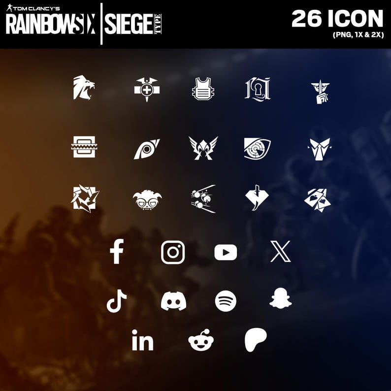 Puede incluir: Gr&aacute;fico con 26 iconos blancos sobre un fondo degradado. Los iconos incluyen varios s&iacute;mbolos y logotipos de redes sociales. El texto en la parte superior dice "TOM CLANCY'S RAINBOW SIX SIEGE TYPE" y "26 ICON (PNG, 1X & 2X)".
