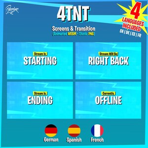 May include: A blue graphic with the text "4TNT" and "Screens & Transition." It includes four panels with text: "STARTING," "RIGHT BACK," "ENDING," and "OFFLINE." The image also states "4 LANGUAGES INCLUDED" and shows flags for German, Spanish, and French.