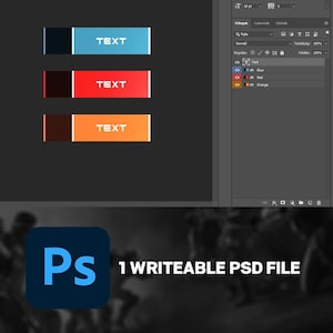 Puede incluir: Tres botones rectangulares horizontales con la palabra "TEXTO" en texto blanco. El bot&oacute;n superior es azul, el bot&oacute;n central es rojo y el bot&oacute;n inferior es naranja. La imagen tambi&eacute;n incluye el texto "1 ARCHIVO PSD ESCRIBIBLE" y el logotipo de Photoshop.