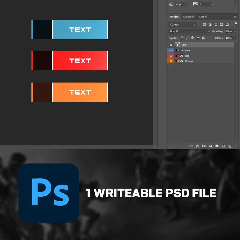 Puede incluir: Tres botones rectangulares horizontales con la palabra "TEXTO" en texto blanco. El bot&oacute;n superior es azul, el bot&oacute;n central es rojo y el bot&oacute;n inferior es naranja. La imagen tambi&eacute;n incluye el texto "1 ARCHIVO PSD ESCRIBIBLE" y el logotipo de Photoshop.