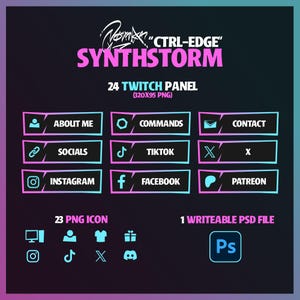 Puede incluir: Diseño gráfico digital para streamers de Twitch, con un fondo degradado y texto rosa y azul. El diseño incluye paneles para "About Me", "Commands", "Contact", "Socials", "TikTok", "Instagram", "Facebook" y "Patreon". También incluye 23 iconos PNG y un archivo PSD.