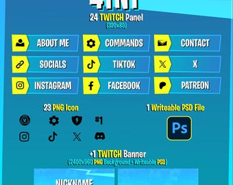 Paneles y banner de Twitch de 4TNT: diseño de transmisión en azul y amarillo (PSD editable)