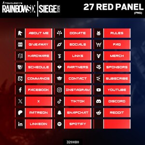 Puede incluir: Un gr&aacute;fico digital con un fondo oscuro y paneles rectangulares rojos. Cada panel contiene texto blanco y un icono correspondiente. Los paneles incluyen opciones para Acerca de m&iacute;, Donar, Reglas, Sorteo, Redes sociales, Preguntas frecuentes, Hardware, Enlaces, Mercanc&iacute;a, Horario, Socios, Patrocinadores, Comandos, Contacto, Suscribirse, Facebook, Instagram, YouTube, X, TikTok, Discord, Patreon, Snapchat, Reddit, LinkedIn y Spotify.
