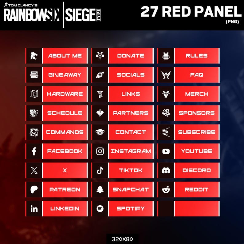 Puede incluir: Un gr&aacute;fico digital con un fondo oscuro y paneles rectangulares rojos. Cada panel contiene texto blanco y un icono correspondiente. Los paneles incluyen opciones para Acerca de m&iacute;, Donar, Reglas, Sorteo, Redes sociales, Preguntas frecuentes, Hardware, Enlaces, Mercanc&iacute;a, Horario, Socios, Patrocinadores, Comandos, Contacto, Suscribirse, Facebook, Instagram, YouTube, X, TikTok, Discord, Patreon, Snapchat, Reddit, LinkedIn y Spotify.