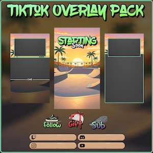 May include: TikTok overlay pack with a skateboard park theme. The design includes a 'Starting Soon' screen with a sunset backdrop, palm trees, and a skate park. Additional elements include chat and video display areas, and social media icons.
