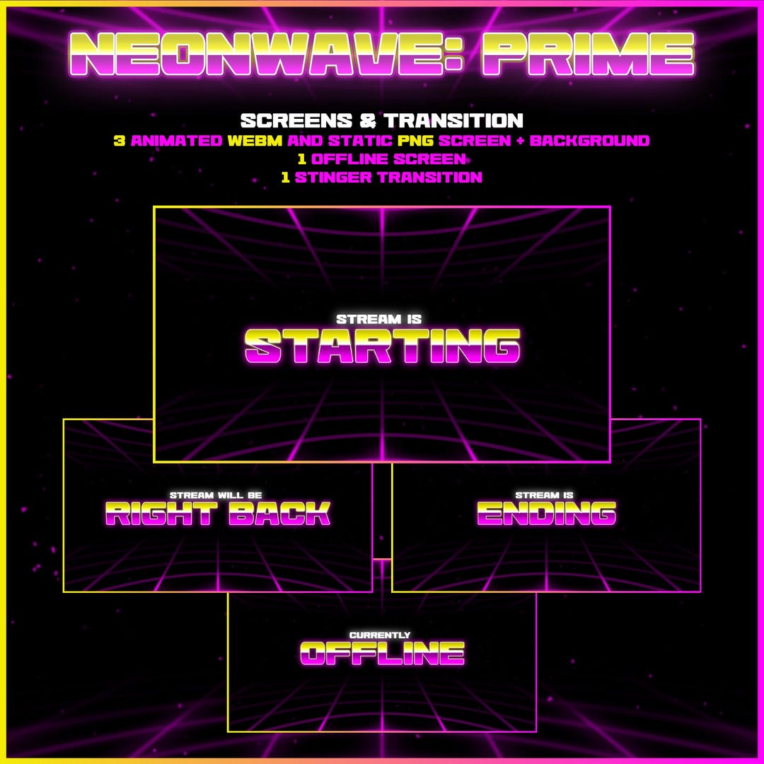 Neonwave Prime Stream Screens Bundle - Retro Synthwave Twitch Overlays ...