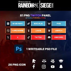 Peut inclure: Graphique numérique pour streamers Twitch, avec le logo du jeu "Rainbow Six Siege". L'image comprend 81 panneaux Twitch PNG en bleu, orange et rouge, ainsi que 26 icônes PNG et un fichier Photoshop.