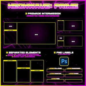 Könnte beinhalten: Eine digitale Grafik mit einem neonfarbenen Lila- und Gelb-Thema. Der Text "NEONWAVE: PRIME" steht oben. Das Bild enthält Layouts für das Streaming mit Abschnitten für Chat, Gameplay und Webcam. Es enthält auch PNG-Labels und eine Photoshop-Datei.