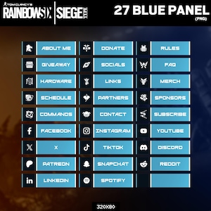 Puede incluir: Gr&aacute;fico digital con 27 paneles azules con texto e iconos blancos. Los paneles incluyen etiquetas como "Acerca de m&iacute;", "Sorteo" y enlaces a redes sociales. El texto superior dice "27 BLUE PANEL (PNG)".