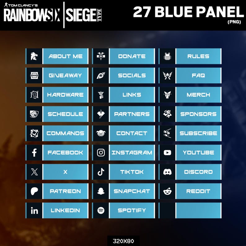Puede incluir: Gr&aacute;fico digital con 27 paneles azules con texto e iconos blancos. Los paneles incluyen etiquetas como "Acerca de m&iacute;", "Sorteo" y enlaces a redes sociales. El texto superior dice "27 BLUE PANEL (PNG)".