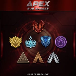 May include: A selection of Apex Sub Badges in different shapes and colours. The badges include a gold emblem with wings, a blue and silver emblem, a red heart-shaped emblem, and several triangle-shaped designs. The text "APEX SUB BADGES" is at the top.