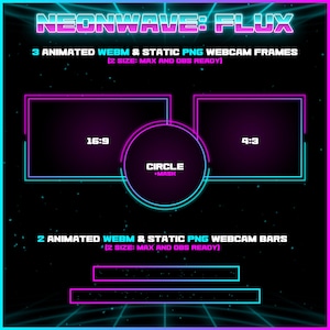 May include: A digital graphic with the text "NEONWAVE: FLUX" in a neon style. The image features animated webcam frames and bars in pink and teal, with aspect ratios of 16:9 and 4:3. The text includes "CIRCLE +MASK".