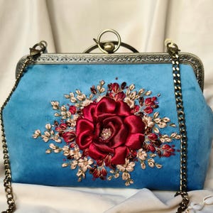 Handmade Embroidered Velvet Clutch Bag: Floral Evening Bag