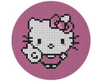 Tappeto rotondo con faccia di gatto pixelata / stile punto croce rosa, Hello Kitty