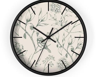 Botanical Bird Wall Clock: Nature-Inspired Wood Frame Clock