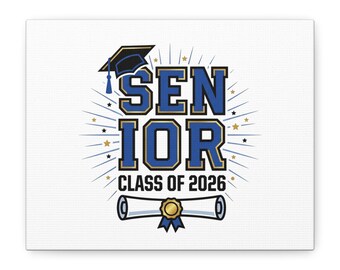 Quadro su tela della classe senior del 2026, diploma e cappello di laurea.