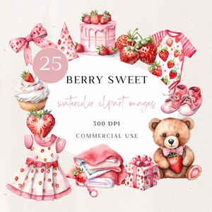 BabyShower Clipart, Aquarell Erdbeere, niedlich, Baby, erster Geburtstag, Beere süß, Party, 25 PNG Grafiken für einladen