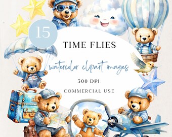 Aviator Bear Clipart: Watercolor Airplane PNG (Digital Download) - CLP01AAR