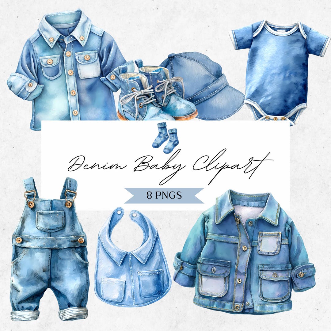 Blue Jean Baby Clipart - Watercolor Denim Clothes Graphics - Boy Shower ...