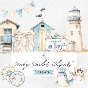 Babyshower kust Clipart - schattige matroos PNG - aquarel nautische kwekerij - Oceaan zeedier - vuurtoren - CLP01AE