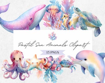 Sea Animals Clipart - Watercolor Ocean Graphics - Pastel Dolphin Illustrations - Turtle PNG - CLP03BAB