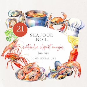 Könnte beinhalten: Eine Aquarell-Illustration eines Meeresfrüchtesuppen-Sets mit 21 Clipart-Bildern. Die Illustration enthält einen Topf mit kochendem Wasser, eine Krabbe, Garnelen, Austern, Muscheln, Knoblauch, Zitronen und eine Flasche scharfe Sauce. Der Text "Seafood Boil Watercolor Clipart Images 300 DPI Commercial Use" ist im Bild enthalten.