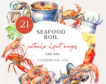 Clipart digital de mariscos hervidos en acuarela, descarga instantánea, uso comercial, PNG transparente, arte imprimible