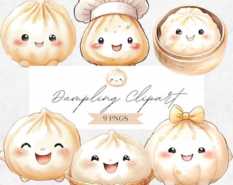 Kawaii Dumpling Clipart - Watercolor Asian Food Graphics - Dim Sum Baby Shower PNG - CLP02AAE