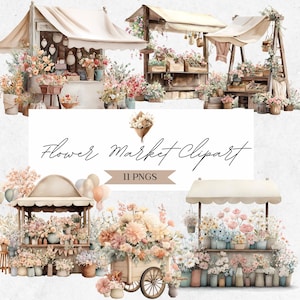 May include: Watercolor illustration of a flower market with multiple stalls. The stalls are filled with various flowers in pastel colors. The text "Flower Market Clipart" is displayed, along with "11 PNGS".