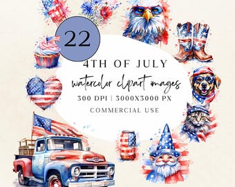 Fourth Of July Watercolor Clipart Set - Independence Day Digital Bundle Collection - Red, White, Blue Graphics - July 4th - American - PNG
