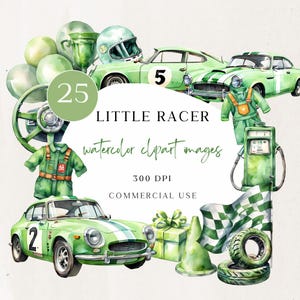 May include: A set of 25 watercolour clipart images featuring green race cars, chequered flags, racing suits, and other racing-themed elements. The text "LITTLE RACER" and "watercolor clipart images" is included in the image.